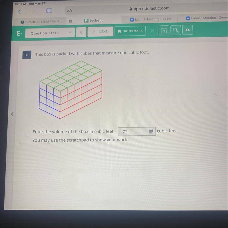 31This box is packed with cubes that measure one cubic foot.Enter the volume of the-example-1