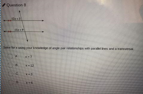 Question 81213Ix-9Solve for x using your knowledge of angle pair relationships with-example-1