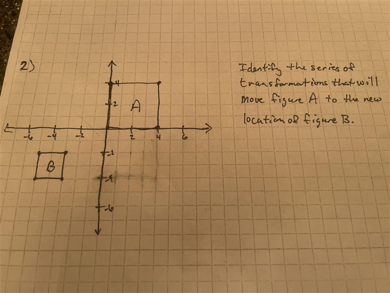 Identify the series of transformation that will move figure A to the new location-example-1