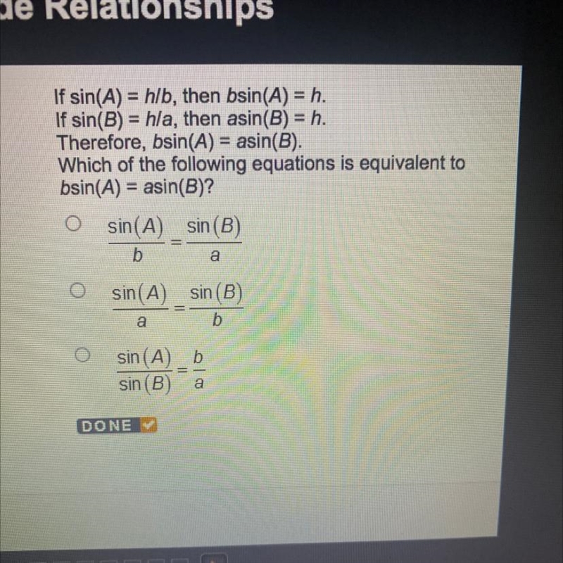 If sin(A) = hlb, then bsin(A) = h. If sin(B) = hla, then asin(B) = h. Therefore, bsin-example-1