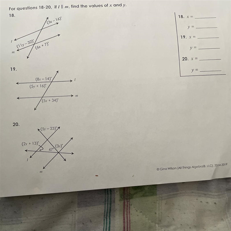 For questions 18-20 if l || m, find the values of x and y-example-1