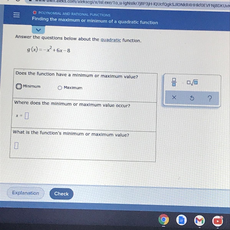 Answer the questions below about the quadratic function.g(x) = -x + 6x-8Does the function-example-1