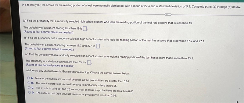 In a recent year, the scores for the reading portion of a test were normally distributed-example-1