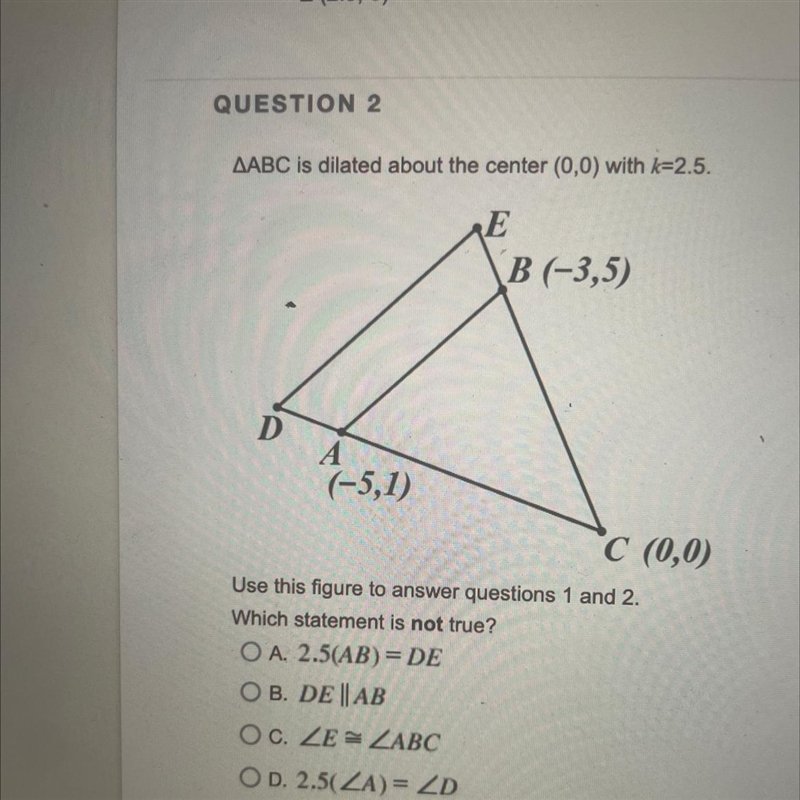 AABC is dilated about the center (0,0) with k-2.5.EB (-3,5)DA(-5,1)Use this figure-example-1