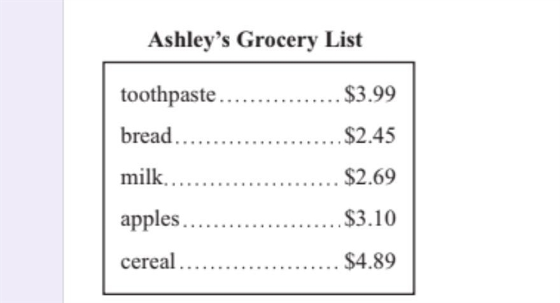 Ashley goes to the grocery store to buy each of the items on her list. Ashley rounds-example-1