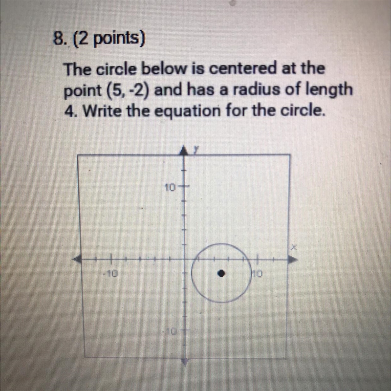 8. The circle below is centered at the point (5,-2) and has a radius of length 4. Write-example-1