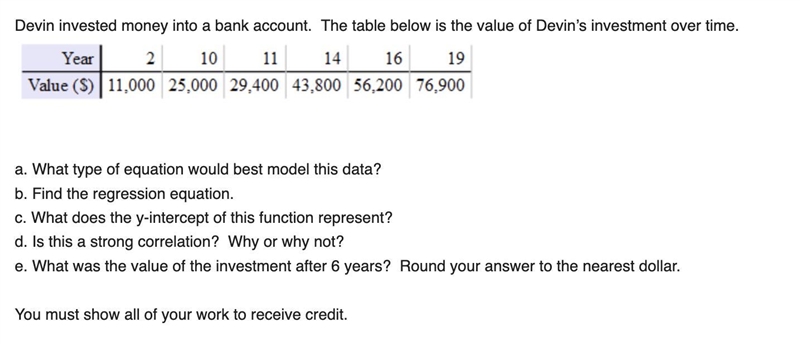 Devin invested money into a bank account. The table below is the value of Devin’s-example-1