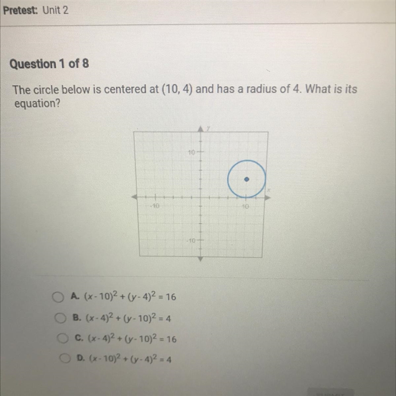 The circle below is centered at (10, 4) and has a radius of 4. What is itsequation-example-1