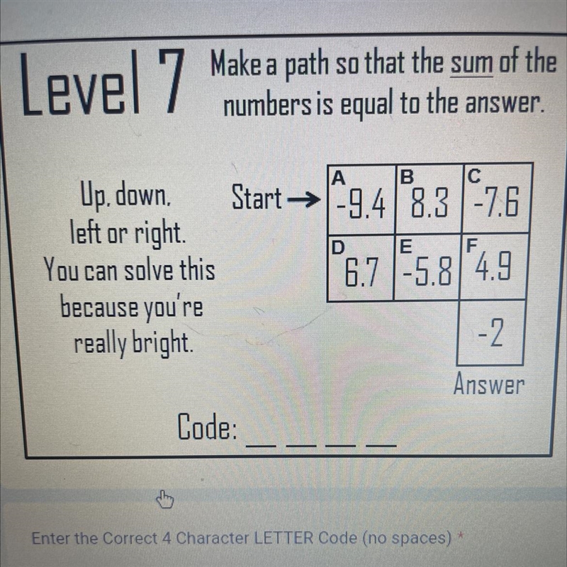 Level 7 make a path si that the Sun of the numbers is equal to the answer.Up, down-example-1