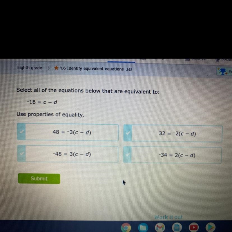 Select all of the equations below that are equivalent to -16 = c - d-example-1