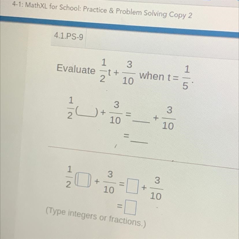 Evaluate 1/2t+3/10 when t=1/5-example-1