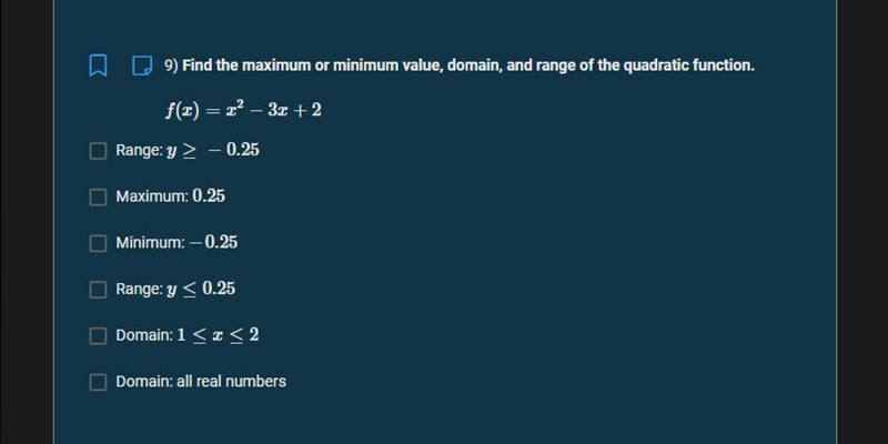 Find the maximum or minimum value, domain, and range of the quadratic function.-example-1