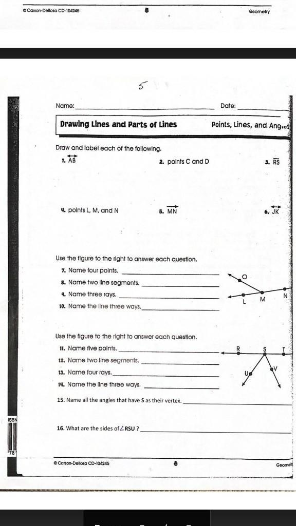 1. <-> 2. • C • D AB ; Line. Point C , Point D3.RS; line segment 4. • L •M •N-example-1