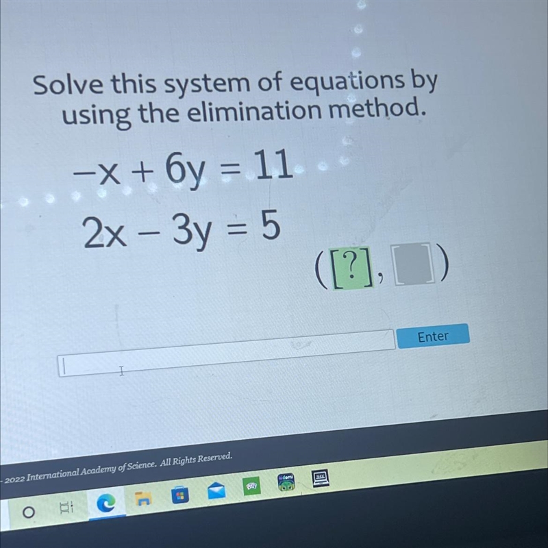 =Solve this system of equations byusing the elimination method.-X + 6y = 112x – 3y-example-1