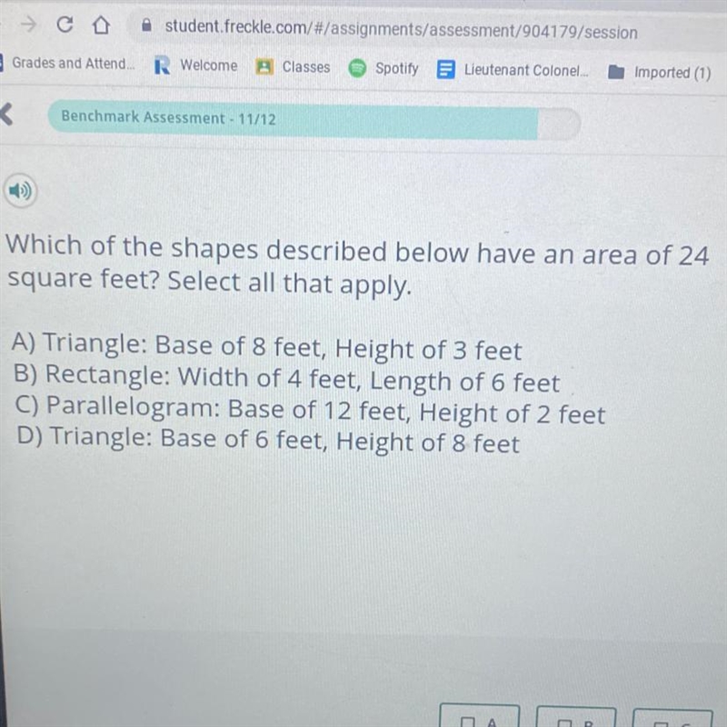 Which of the shapes described below have an area of 24 square feet?-example-1