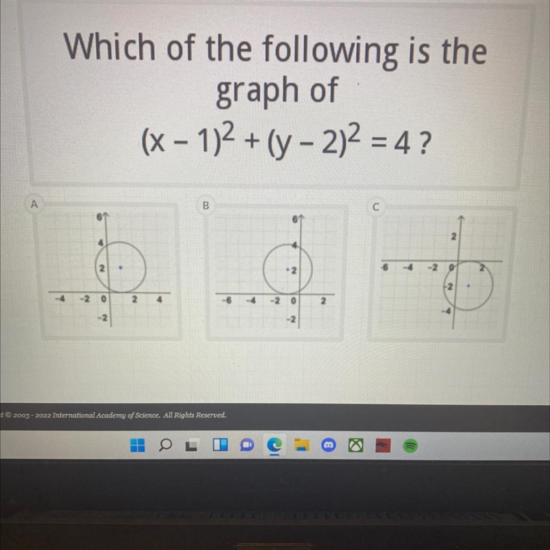 Which of the following is thegraph of(x - 1)2 + (y - 2)2 = 4 ?-example-1