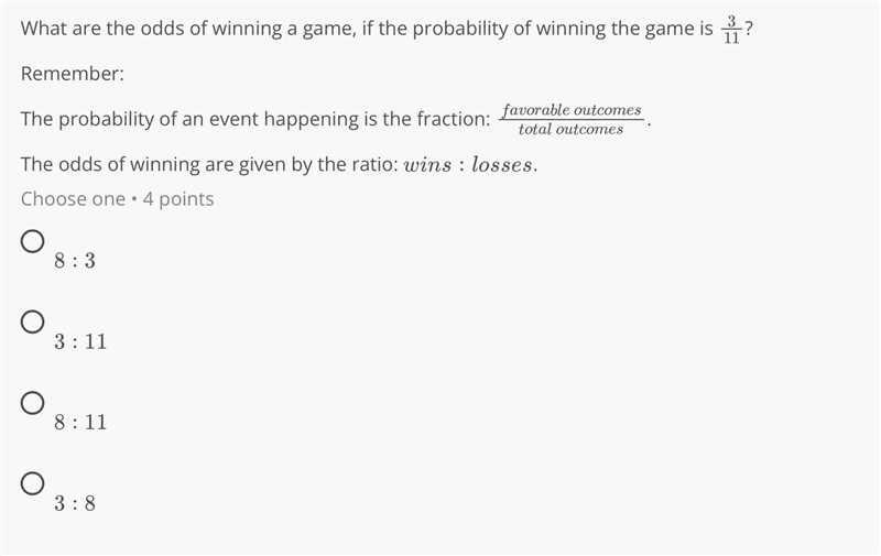 What are the odds of winning a game, if the probability of winning the game is 311?Remember-example-1