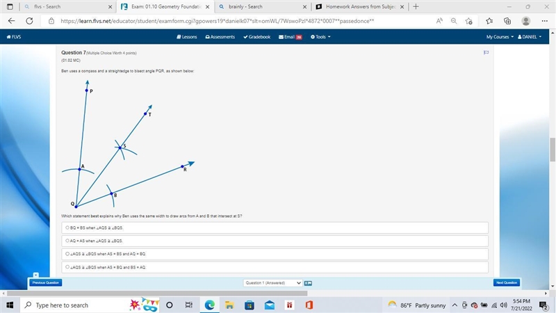 Ben uses a compass and a straightedge to bisect angle PQR, as shown below:-example-1