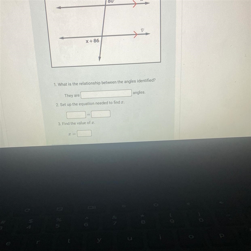 80° u X +86 1. What is the relationship between the angles identified? They are angles-example-1