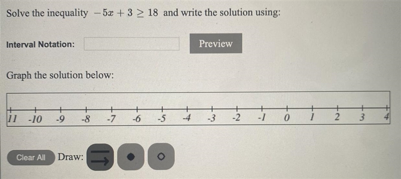 Solve the inequality -5x+3>18 and write the solution using: Interval Notation: Graph-example-1