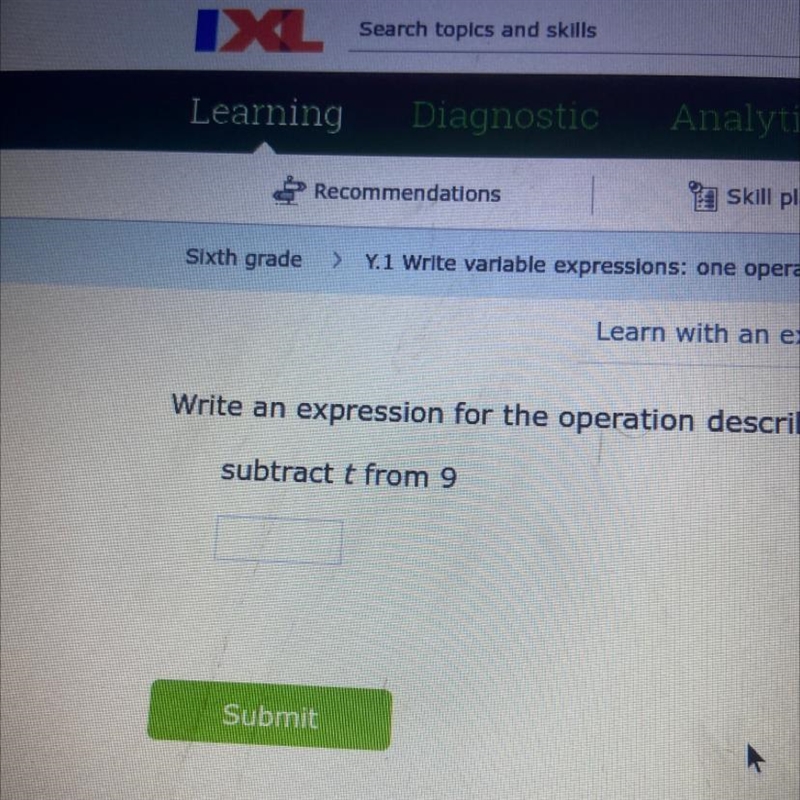 Write an expression for the operation described below subtract t from 9-example-1