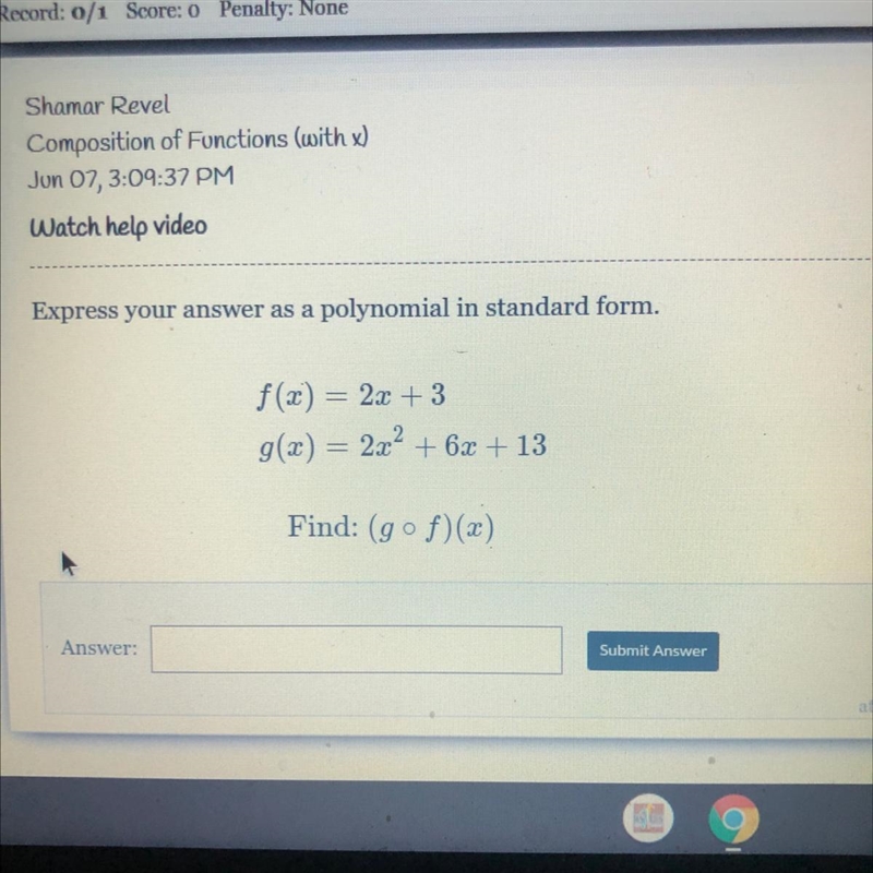 F(x) = 2x + 3g(x) = 2x² + 6x + 13Find: (gºf)(x)-example-1