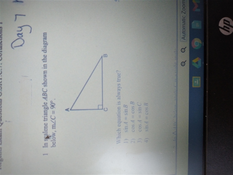 1 In scalene triangle ABC shown in the diagram below. m2C = 90° Which equation is-example-1