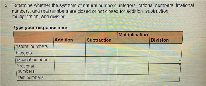 b. Determine whether the systems of natural numbers, integers, rational numbers, irrationalnumbers-example-1