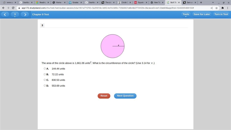 The area of the circle above is 1,661.06 units2. What is the circumference of the-example-1