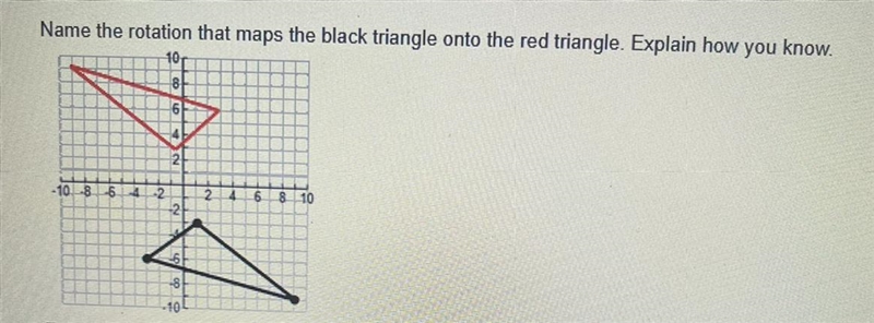 Name the rotation that maps the black triangle onto the red triangle. Explain how-example-1