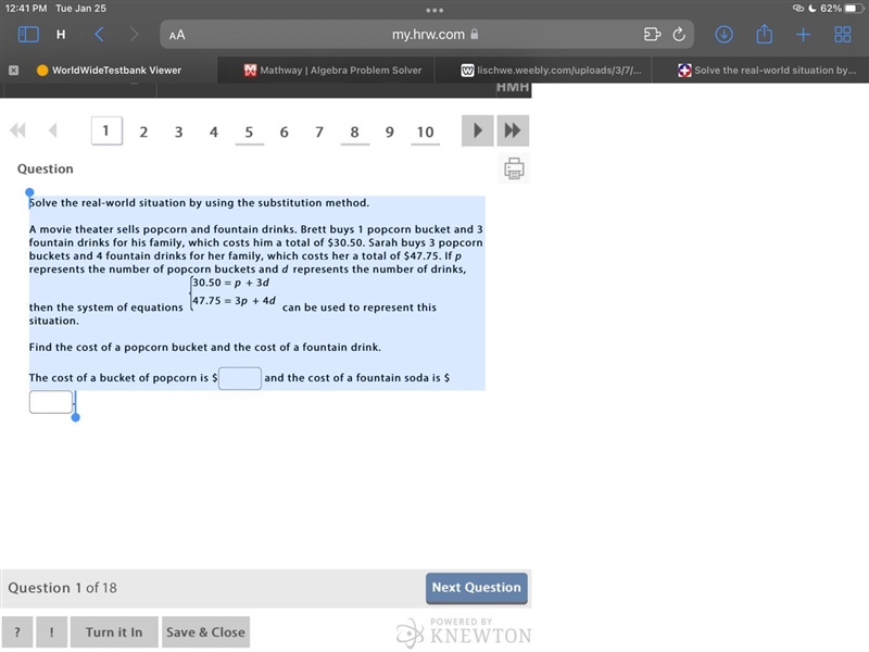 Solve the real-world situation by using the substitution method. A movie theater sells-example-1