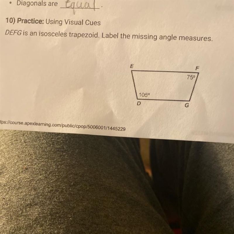 Using visual clues DEFG is an isosceles trapezoid. Label the missing angle measures-example-1