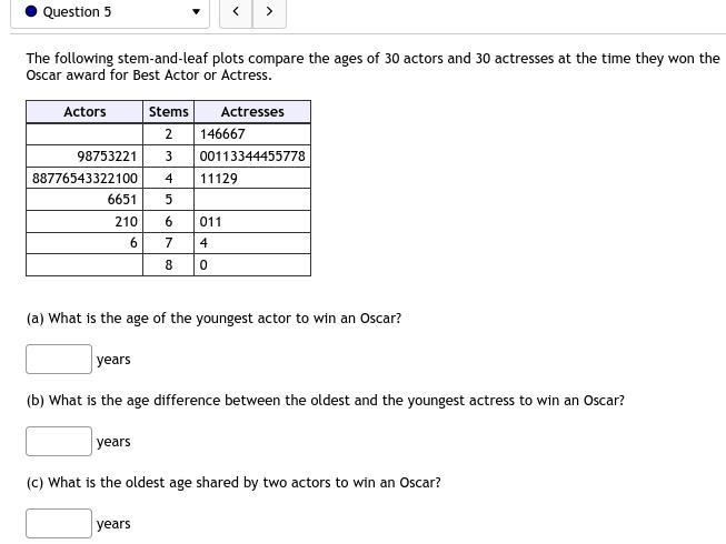 5. The following stem-and-leaf plots compare the ages of 30 actors and 30 actresses-example-1