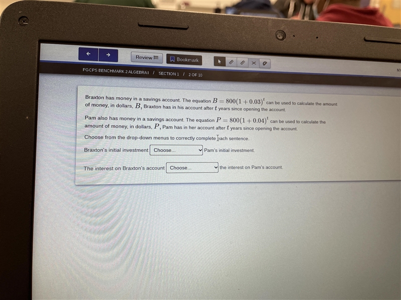 Braxton has money in a savings account. The equation b=800(1+0.03)t can be used to-example-1