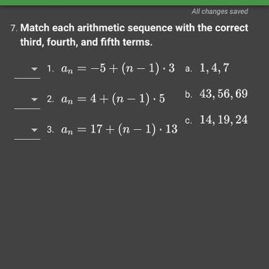 Match each arithmetic sequence with the correct third, fourth, and fifth terms.-example-1