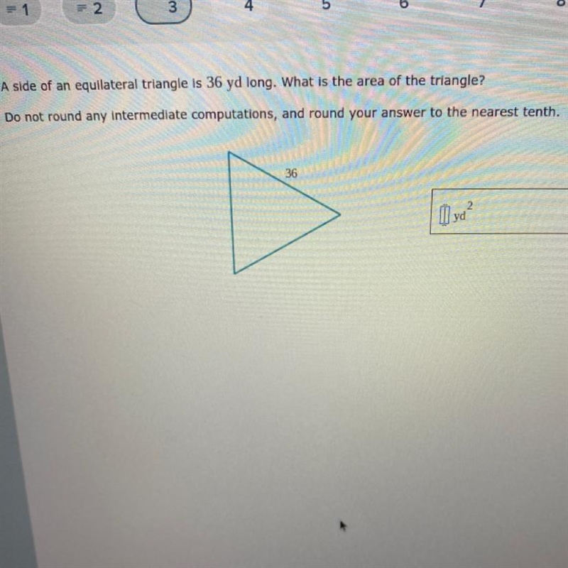 A side of an equilateral triangle is 36 yd long, What is the area of the triangle-example-1