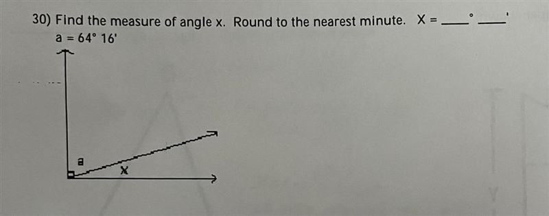 Find the measure of angle x. Round to the nearest minute. X=___ ___a= 64° 16°-example-1