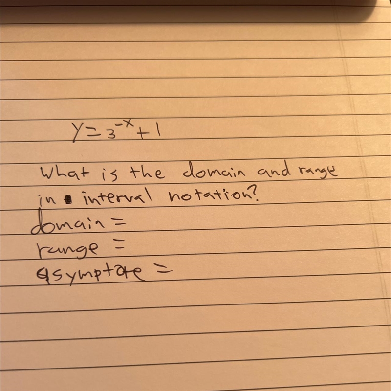 What is the domain and range in interval notation as well as the asymptote?-example-1