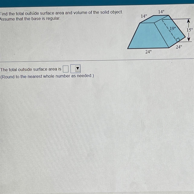 Find the total outside surface area and volume of the solid object in picture-example-1