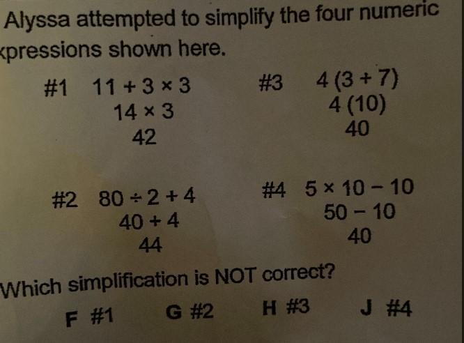 Alyssa attempted to smplify the four numeric expressions shown here #1 11+3X3 14X-example-1