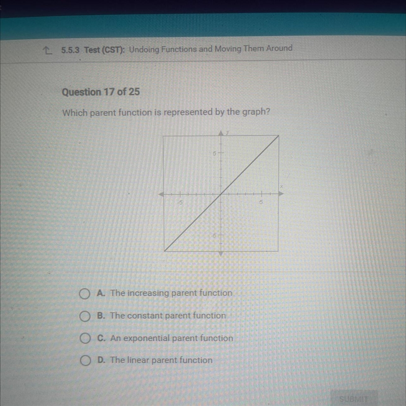 Which parent function is represented by the graph? 5 A. The increasing parent function-example-1