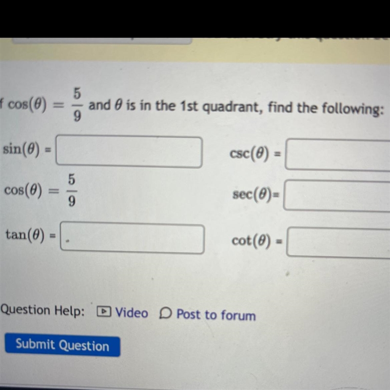 If cos(theta) = 5/0 and is in the 1st quadrant, find the following:-example-1