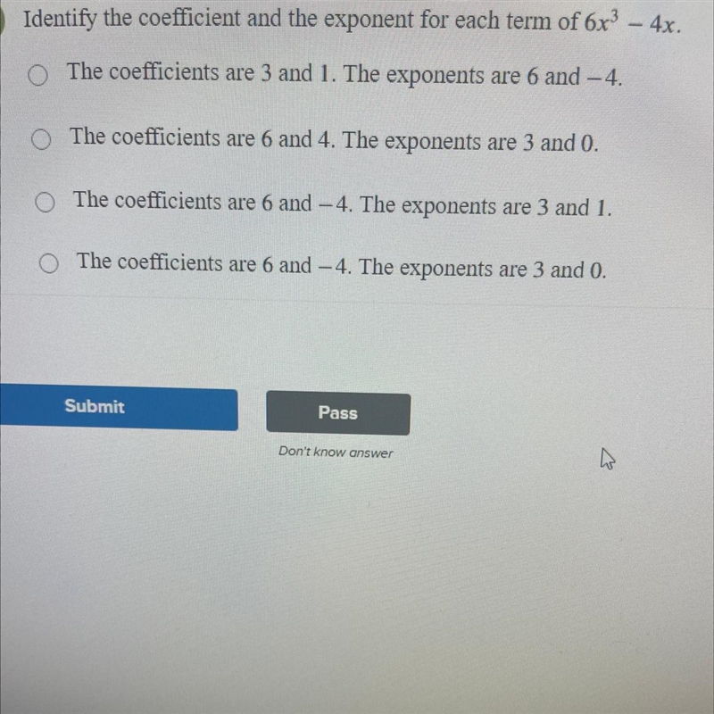 Identify the coefficient and the exponent for each term-example-1