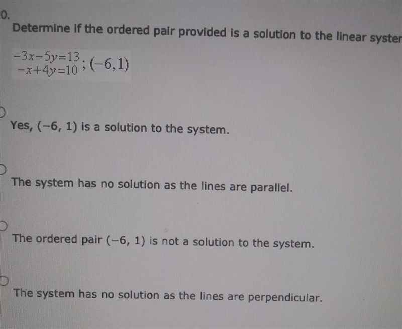 Determine if the orderd pair provided is a solution to the linear system-example-1