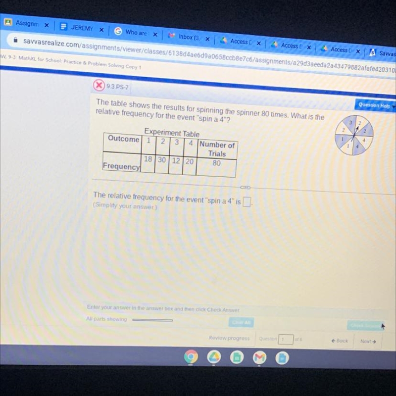 The table shows the results for spinning the spinner 80 times. What is therelative-example-1