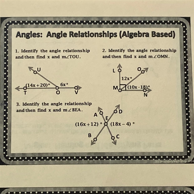 1. Identify the angle relationshipand then find x and meTOU,2. Identify the angle-example-1