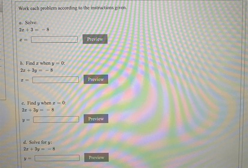 Work each problem according to the instructions given.a. Solve:2r +3=8=Previewb. Find-example-1