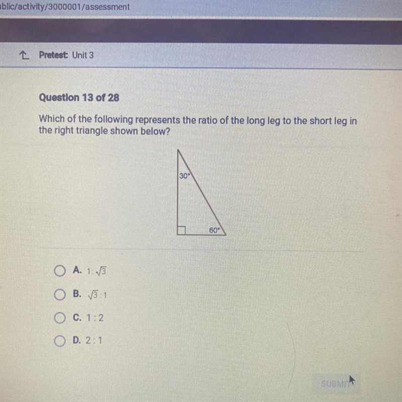 Question 13 of 28Which of the following represents the ratio of the long leg to the-example-1