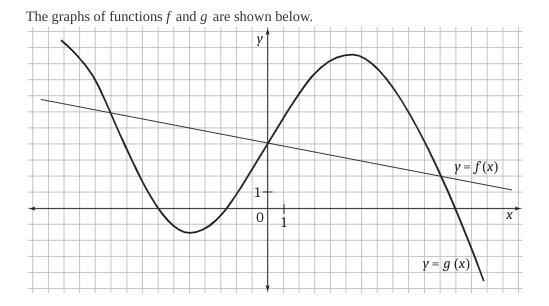 Find all value of x for which: a. f(x) > g(x) b.f(x) < g(x)-example-1