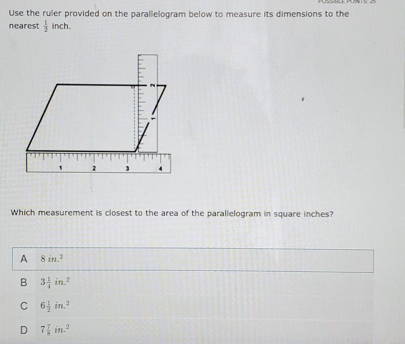 Use the ruler provided on the parallelogram below to measure its dimensions to the-example-1